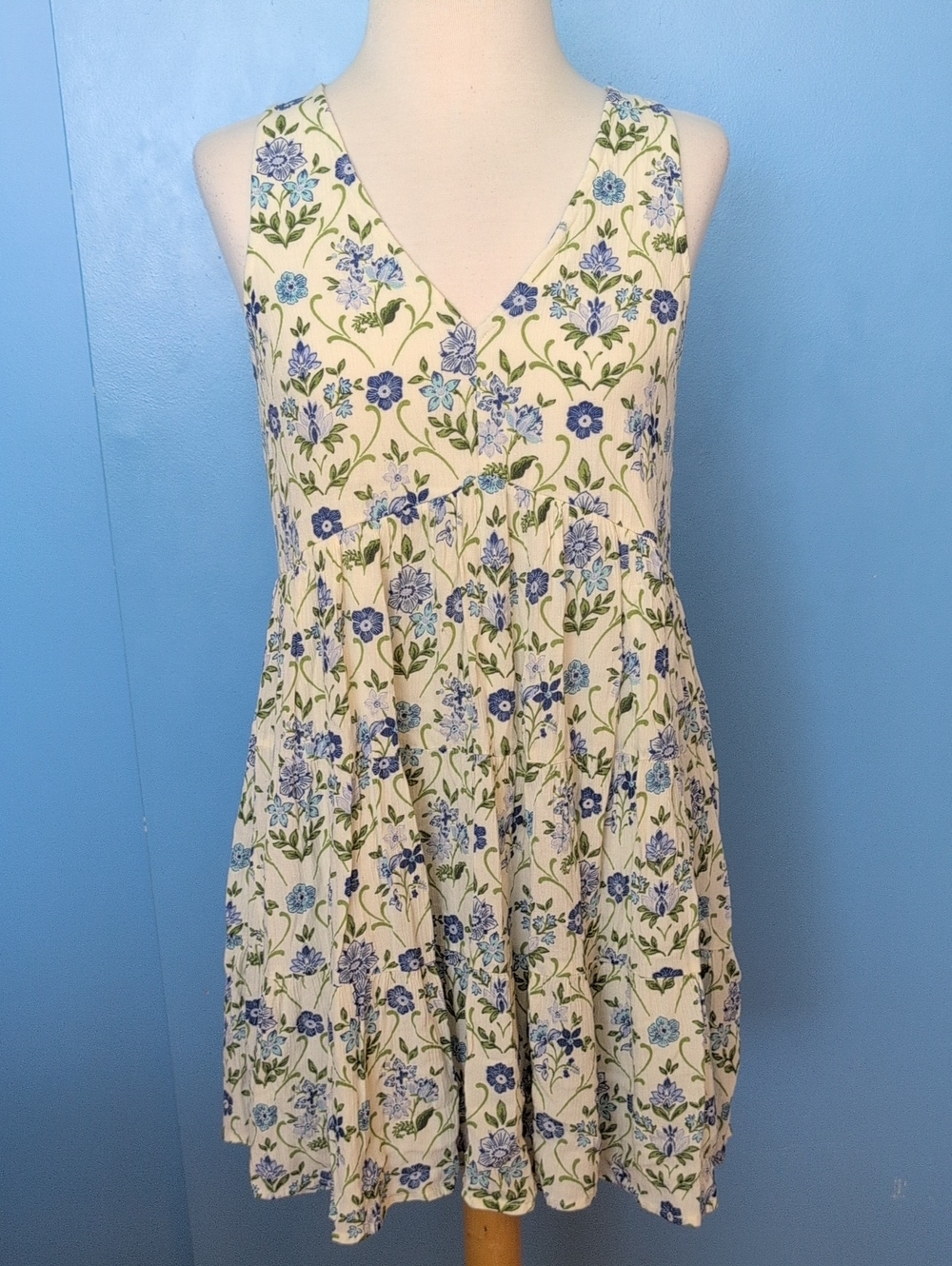 Japna Blue Floral Tiered Sleeveless Midi Dress Cream Boho Size M